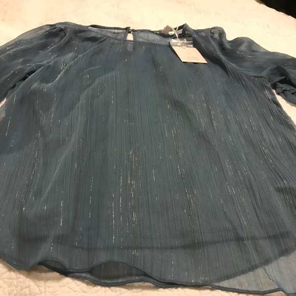 NWT LC Lauren Conrad blue flutter sleeve blouse with silver metallic thread (S) - Picture 6 of 16